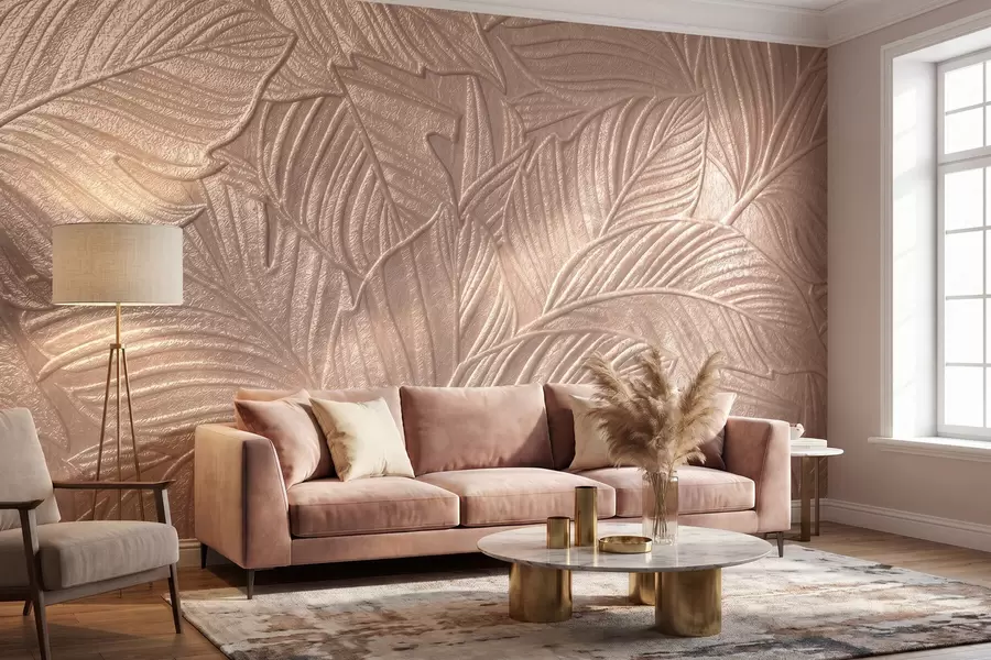 wall murals Embossed tropical leaves with delicate relief in warm beige tones w09886