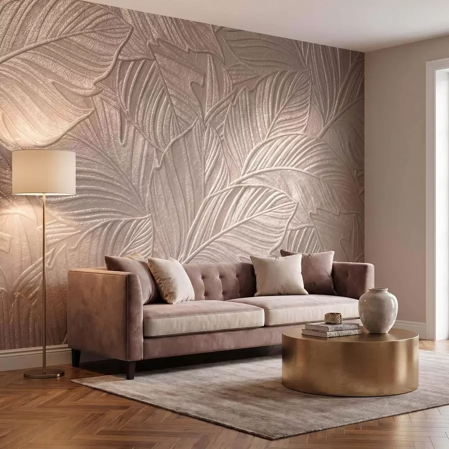 Wall Mural Photo Wallpaper Embossed tropical leaves with delicate relief in warm beige tones w09886