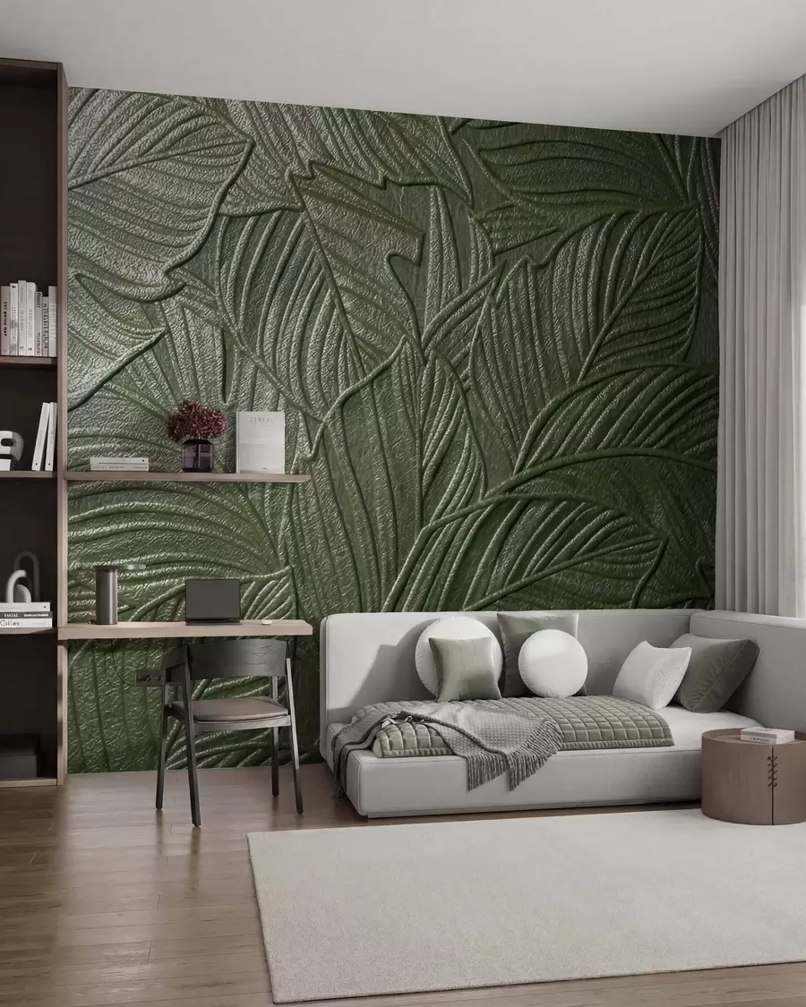 wall murals Embossed tropical leaves with delicate relief in lush green tones w09886v1