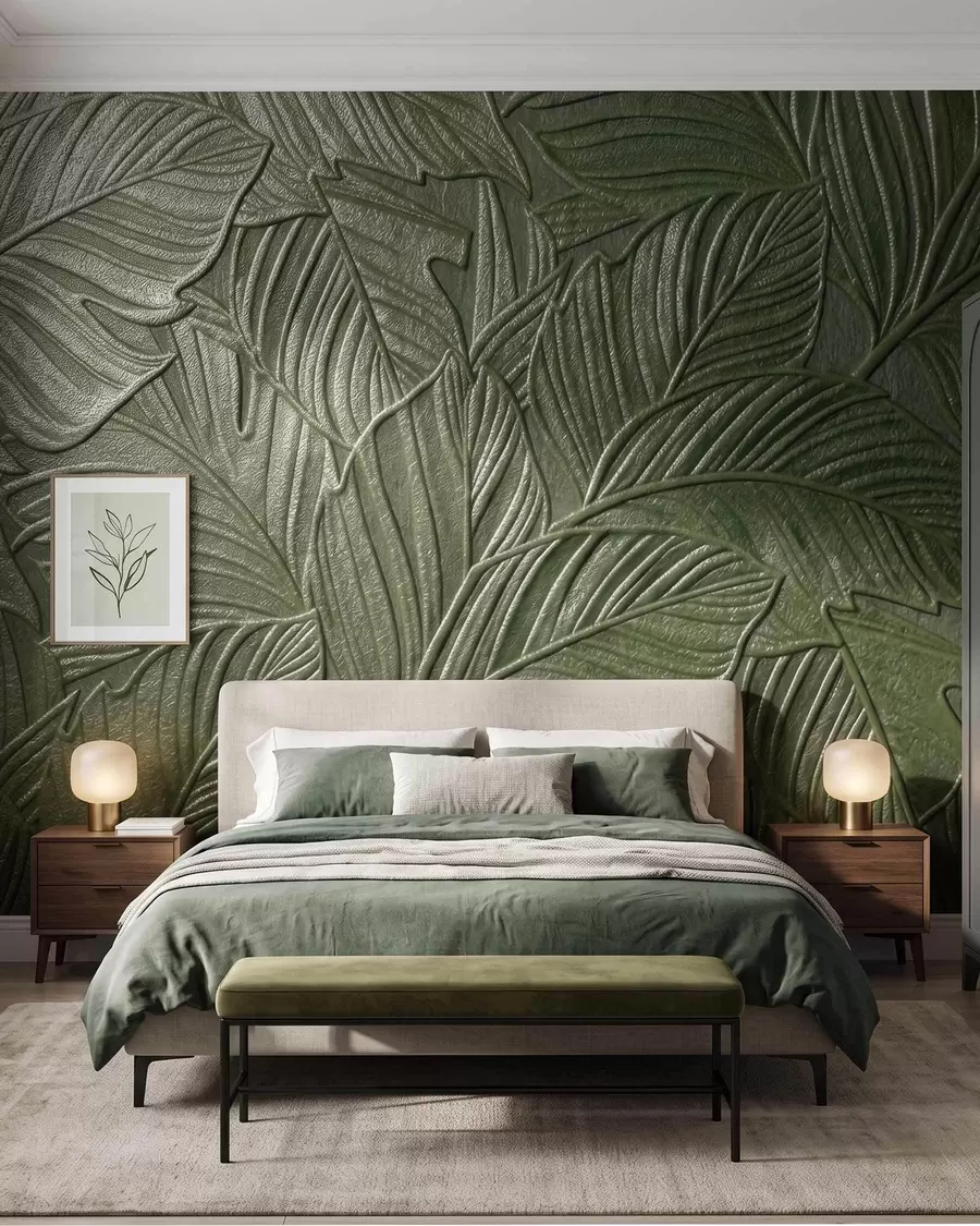 peintures murales Feuilles tropicales gaufrées, au relief délicat, dans des tons de vert luxuriants w09886v1