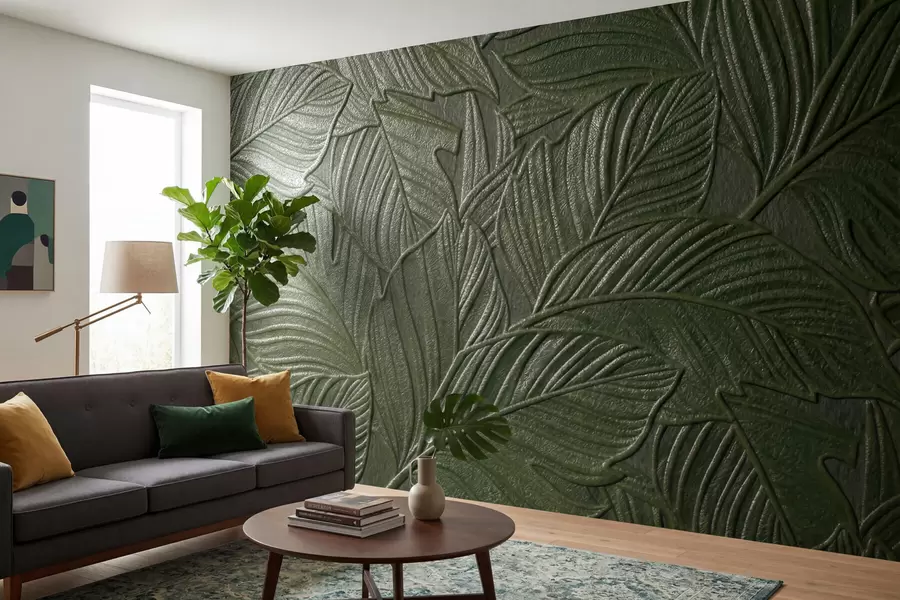 peintures murales Feuilles tropicales gaufrées, au relief délicat, dans des tons de vert luxuriants w09886v1