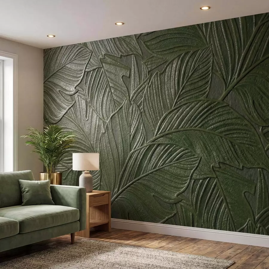 murales Hojas tropicales en relieve con un delicado diseño en exuberantes tonos verdes w09886v1