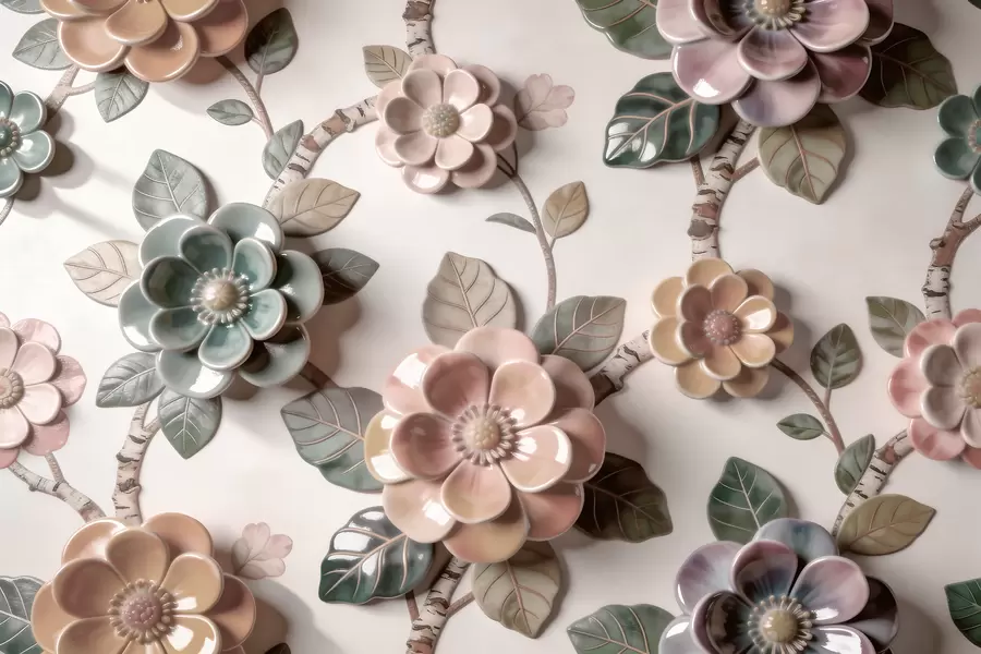 wall murals Three-dimensional ceramic flowers in a soft pastel palette w09887