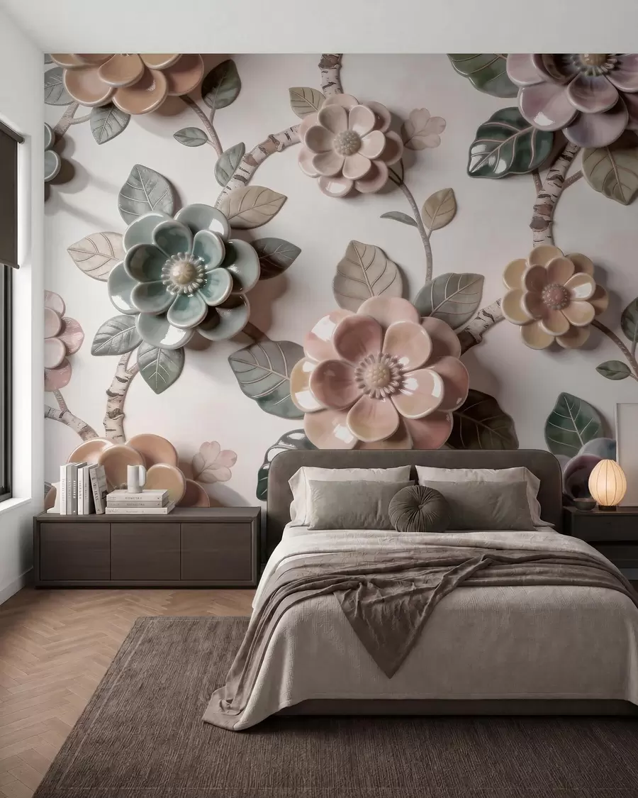Wall Mural Photo Wallpaper Three-dimensional ceramic flowers in a soft pastel palette w09887