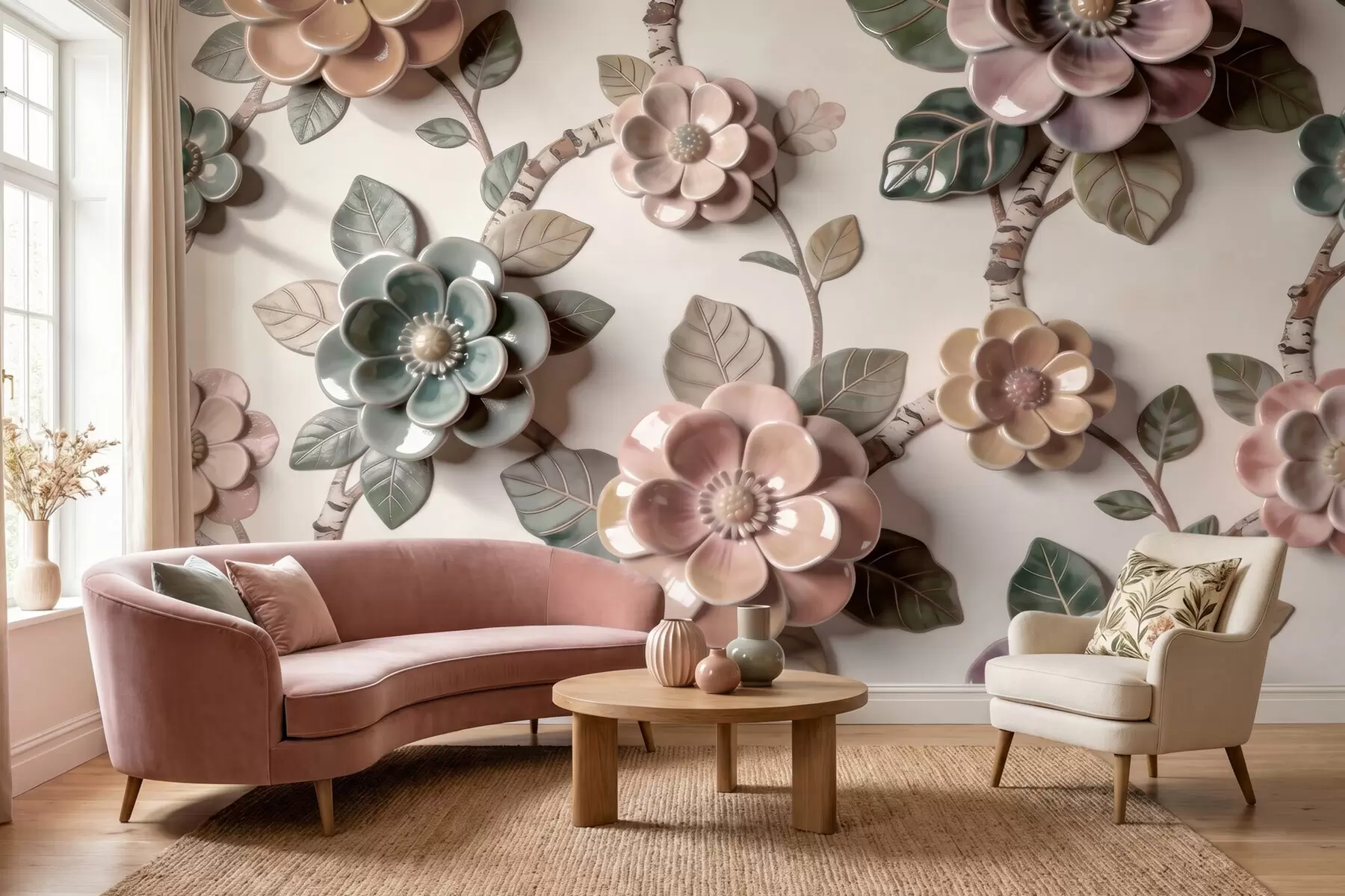 peintures murales Fleurs en céramique en trois dimensions, dans une palette de couleurs pastel douces w09887