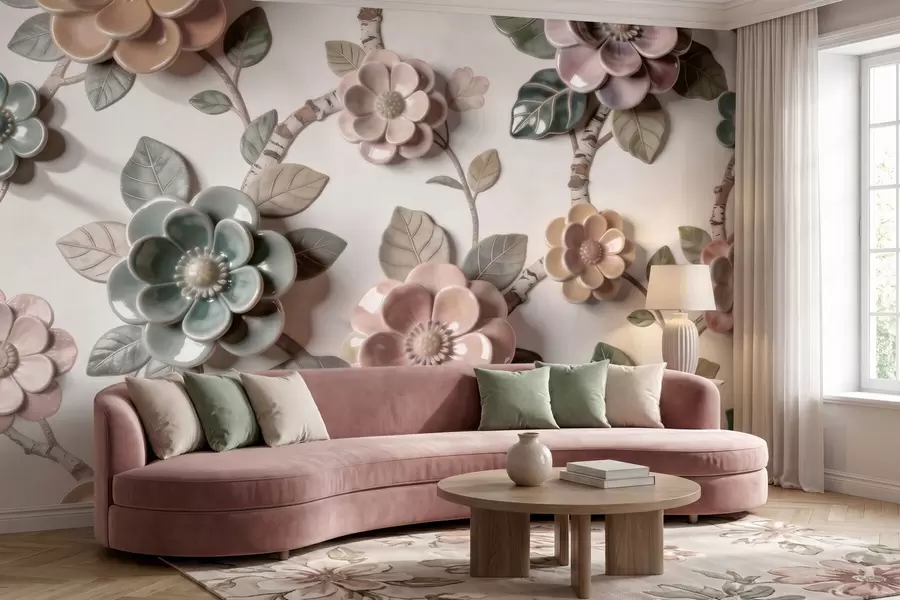 murales Flores de cerámica tridimensionales en una suave gama de colores pastel w09887