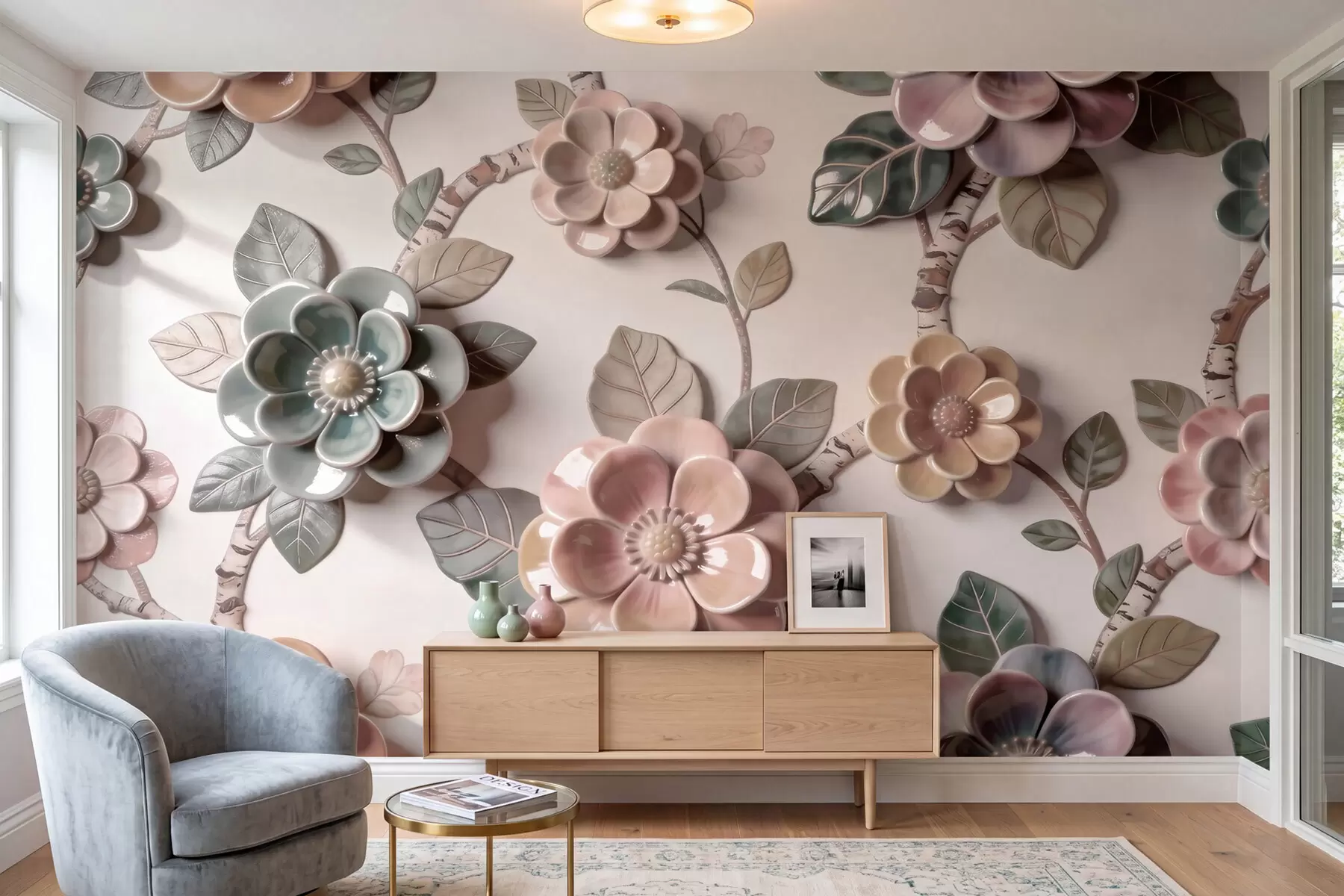 wall murals Three-dimensional ceramic flowers in a soft pastel palette w09887