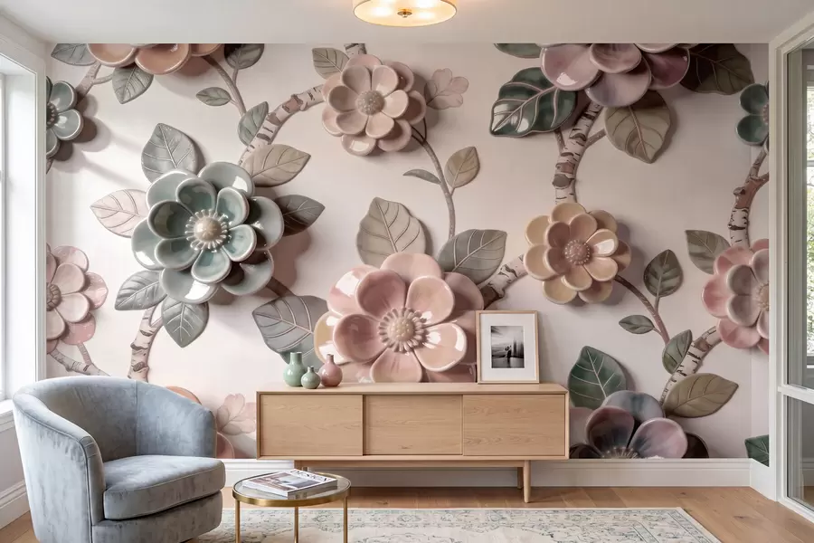 murales Flores de cerámica tridimensionales en una suave gama de colores pastel w09887