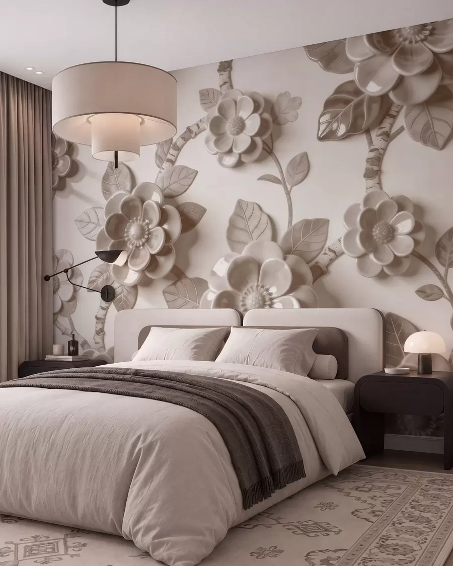wall murals Elegant beige arrangement of sculpted three-dimensional flowers w09887v1