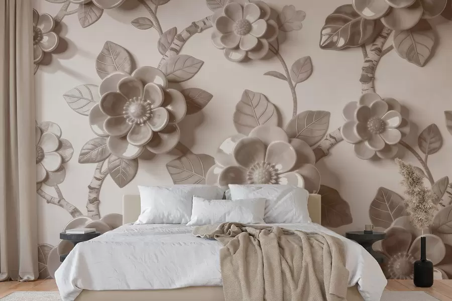murales Elegante arreglo floral en tonos beige con flores esculpidas en tres dimensiones w09887v1