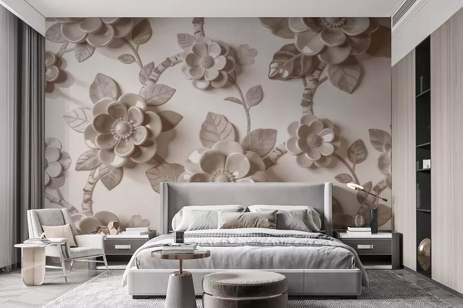 Wall Mural Photo Wallpaper Elegant beige arrangement of sculpted three-dimensional flowers w09887v1