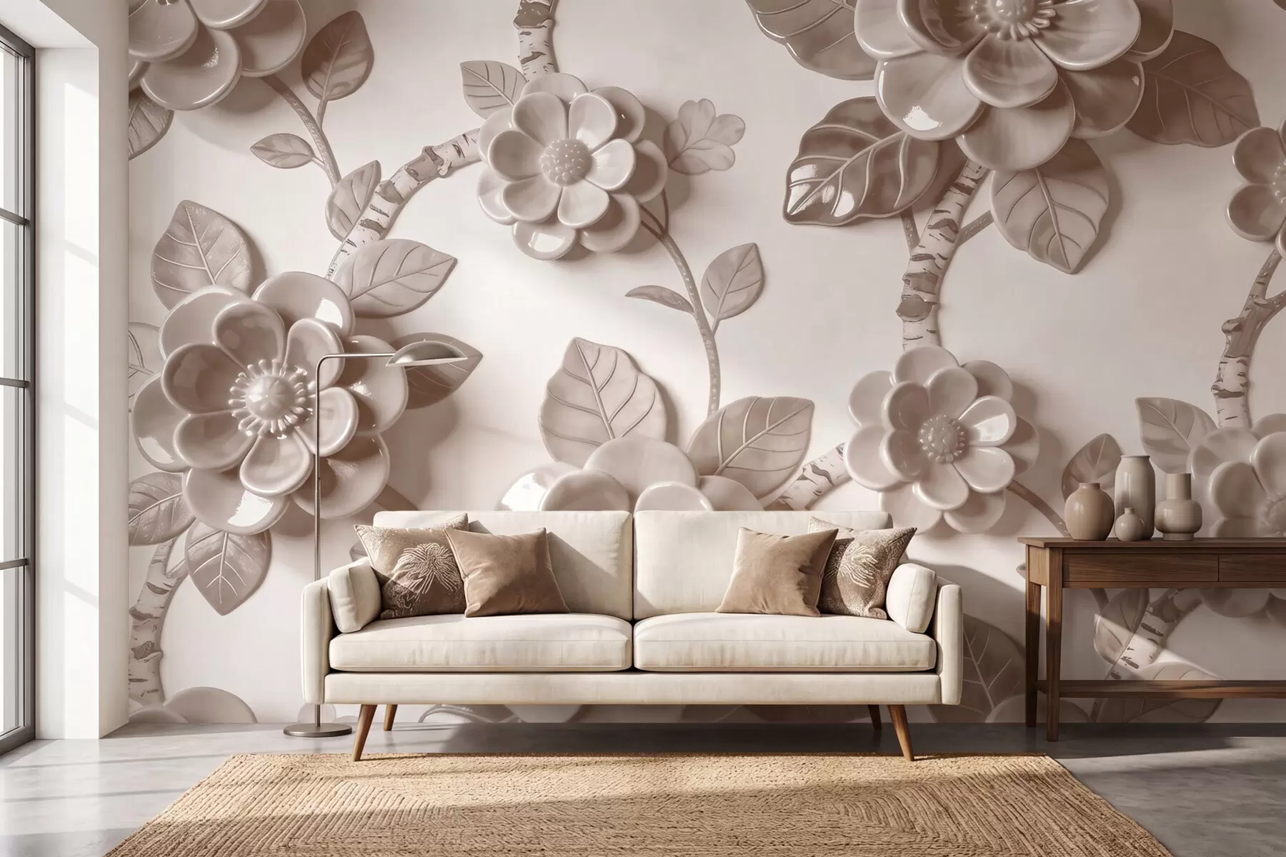 peintures murales Élégante composition beige composée de fleurs sculptées en trois dimensions w09887v1