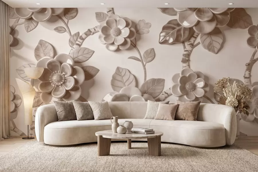 murales Elegante arreglo floral en tonos beige con flores esculpidas en tres dimensiones w09887v1