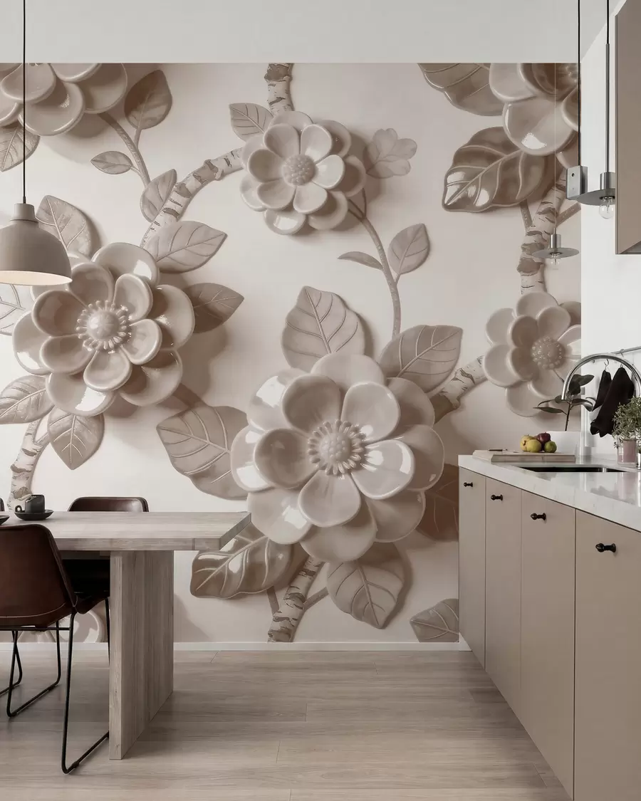 peintures murales Élégante composition beige composée de fleurs sculptées en trois dimensions w09887v1