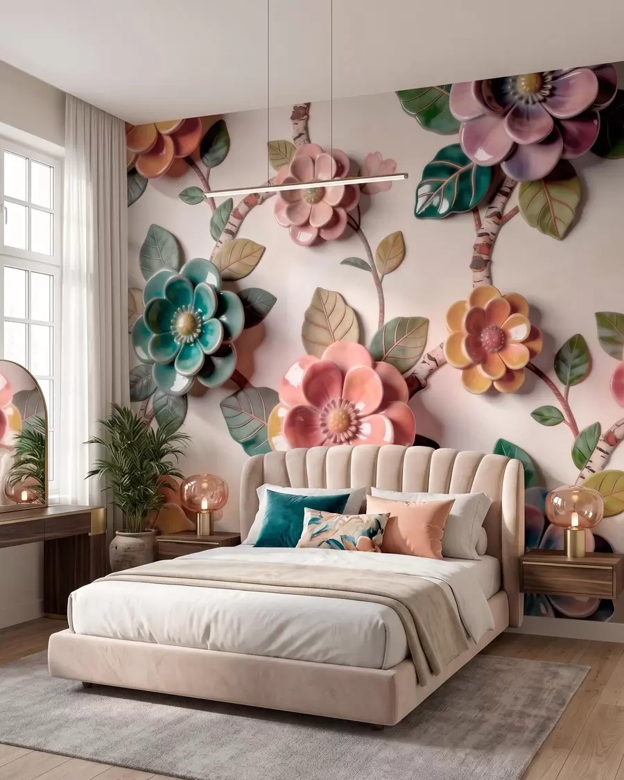 wall murals Three-dimensional ceramic flowers and leaves in a vibrant color palette w09887v2