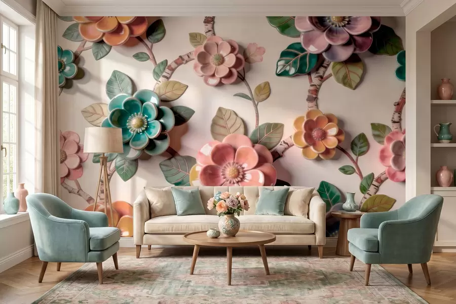 murales Flores y hojas de cerámica tridimensionales en una paleta de colores vivos w09887v2