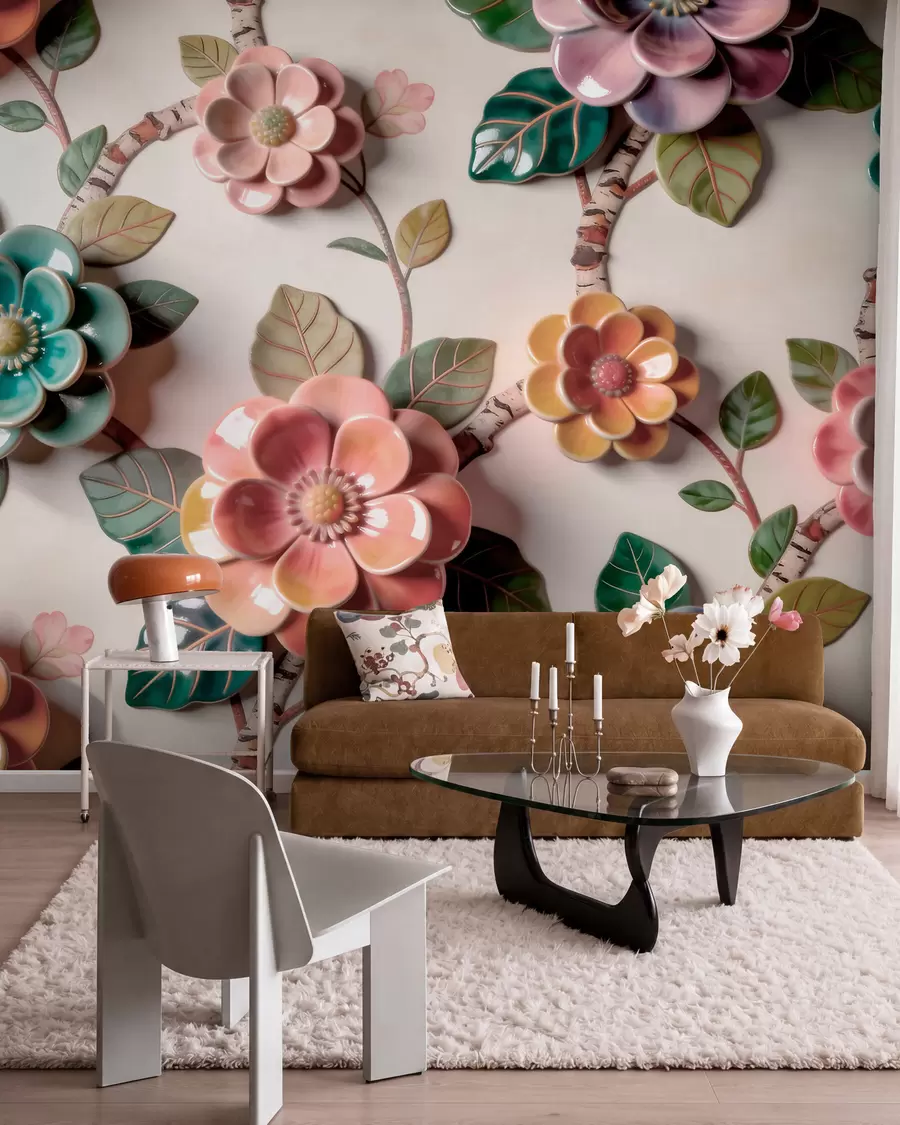 wall murals Three-dimensional ceramic flowers and leaves in a vibrant color palette w09887v2