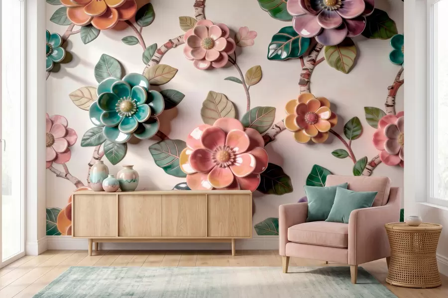 murales Flores y hojas de cerámica tridimensionales en una paleta de colores vivos w09887v2