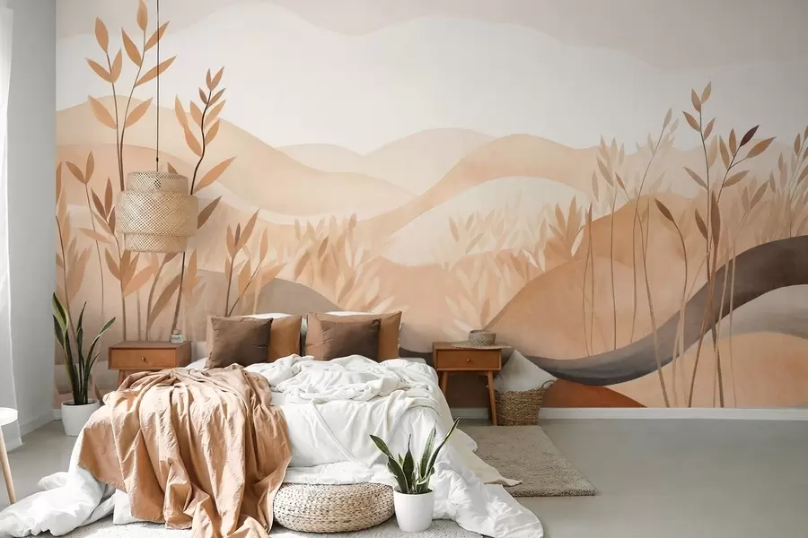 wall murals Abstract landscape with rolling hills in shades of brown and beige, textured art w09617