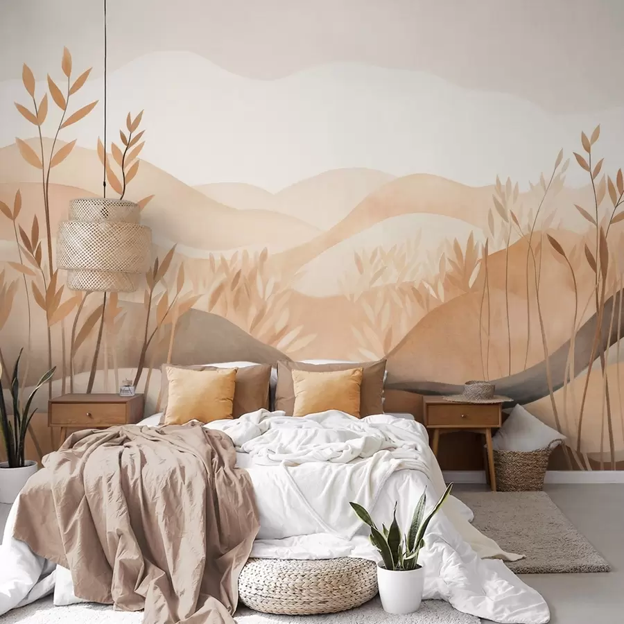 Wall Mural Photo Wallpaper Abstract landscape with rolling hills in shades of brown and beige, textured art w09617