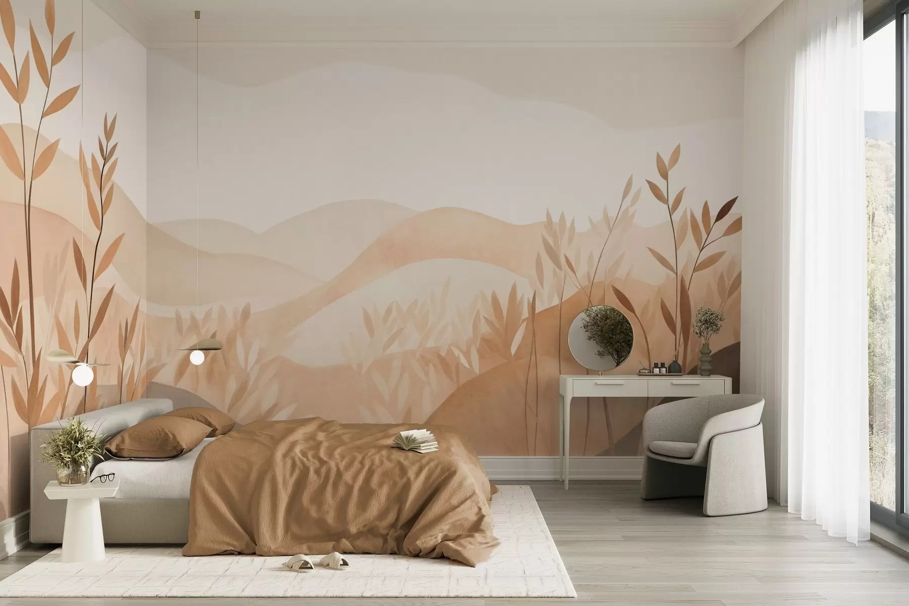 peintures murales Paysage abstrait composé de collines ondulantes dans des tons de marron et de beige, œuvre d'art texturée w09617