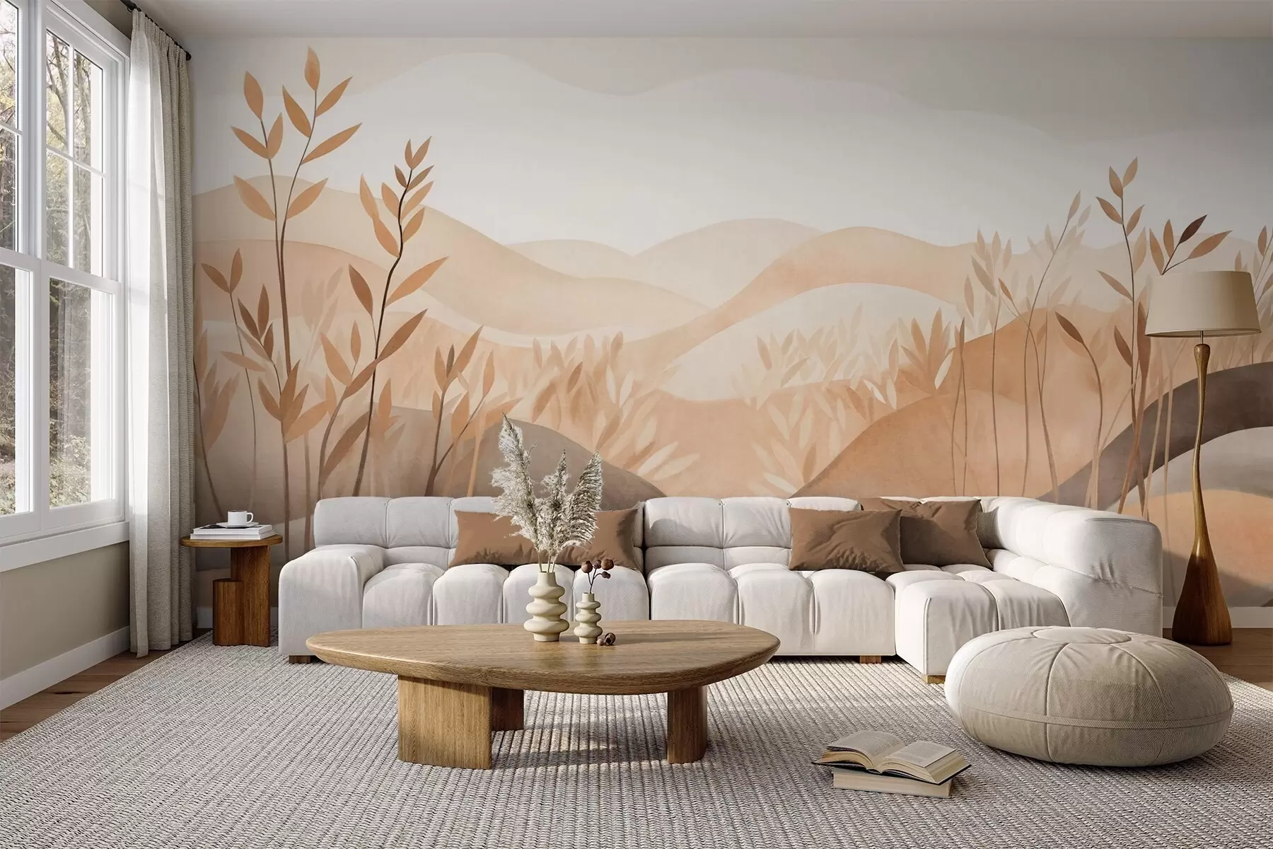 peintures murales Paysage abstrait composé de collines ondulantes dans des tons de marron et de beige, œuvre d'art texturée w09617