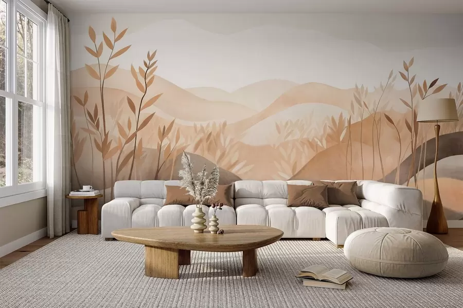 wall murals Abstract landscape with rolling hills in shades of brown and beige, textured art w09617