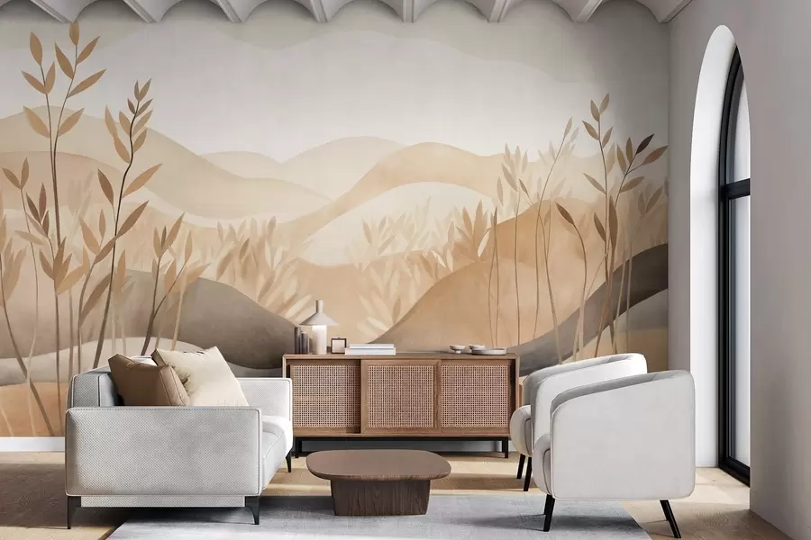 murales Paisaje abstracto con colinas onduladas en tonos marrones y beige, obra de arte con textura w09617