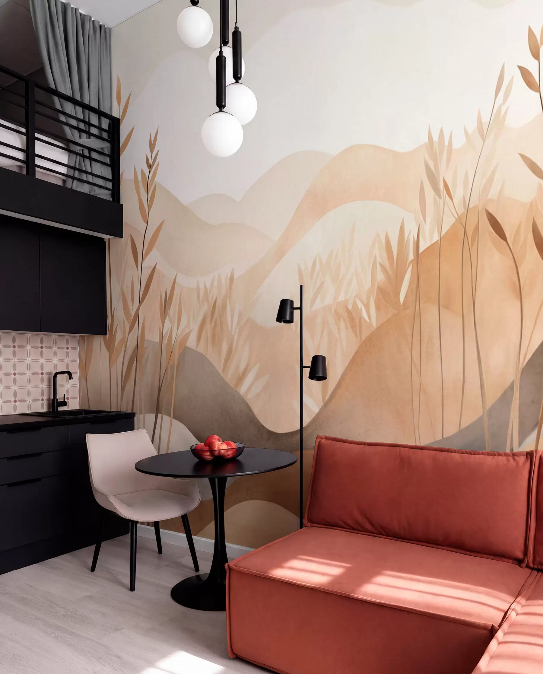 wall murals Abstract landscape with rolling hills in shades of brown and beige, textured art w09617