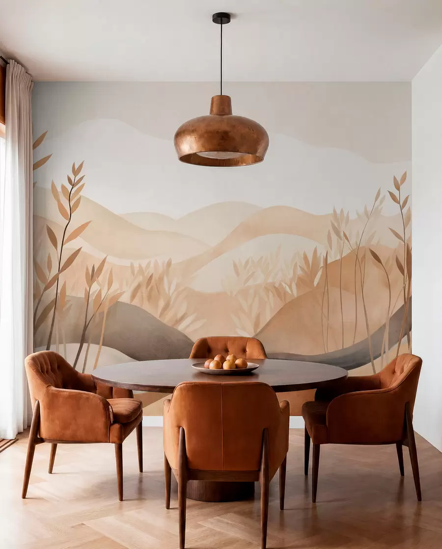 Wall Mural Photo Wallpaper Abstract landscape with rolling hills in shades of brown and beige, textured art w09617