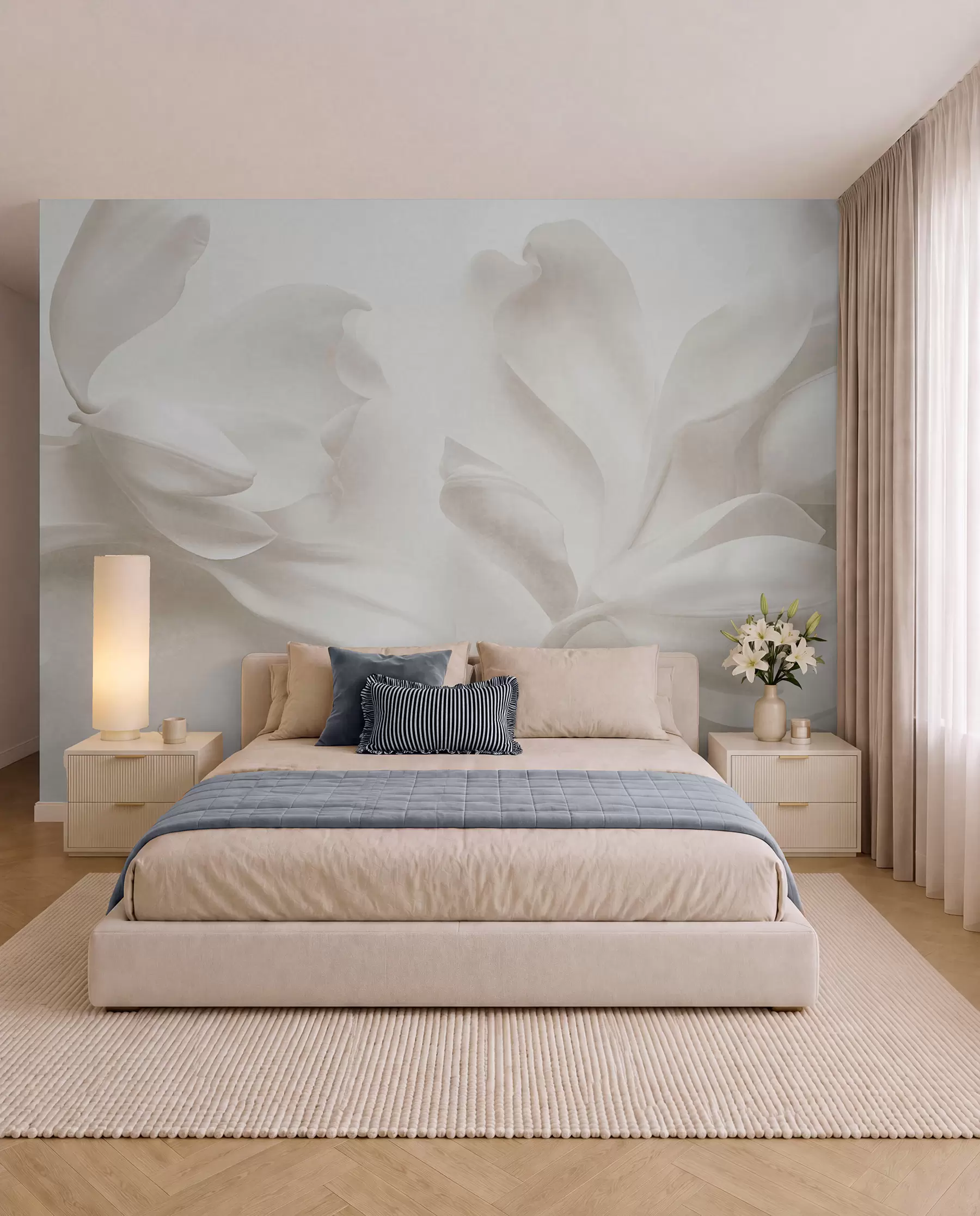 peintures murales Fleurs de magnolia blanches texturées aux pétales délicats, sur un fond clair flou w09771