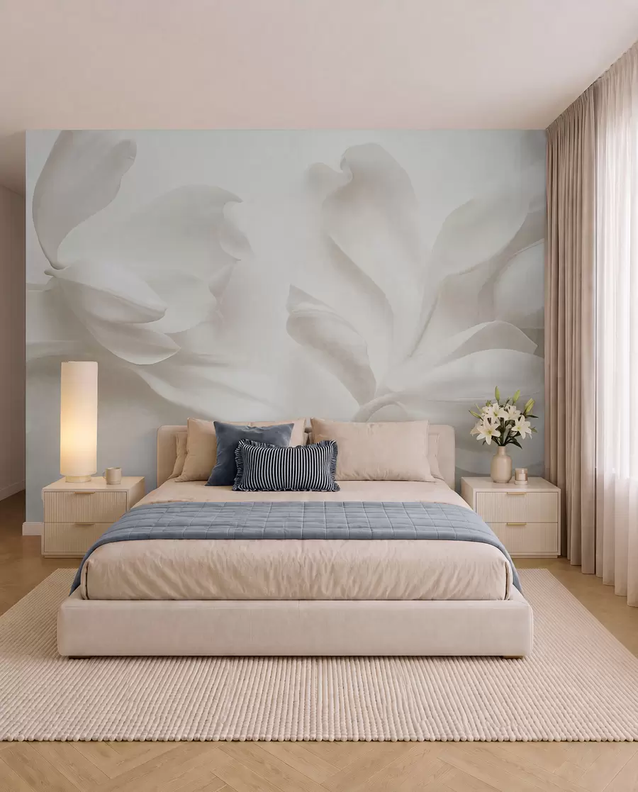 Wall Mural Photo Wallpaper Textured white magnolia flowers with delicate petals, blurred light background w09771