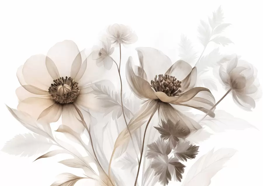 peintures murales De grandes fleurs translucides aux teintes sépia, aux pétales délicats, des feuilles plumeuses et des fleurs plus petites w09900