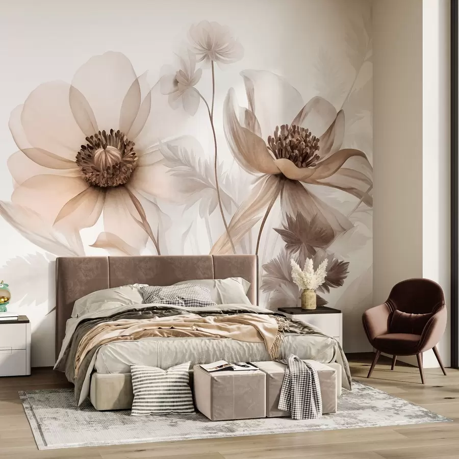Wall Mural Photo Wallpaper Large, translucent, sepia-toned flowers delicate petals, feathery leaves and smaller blooms w09900