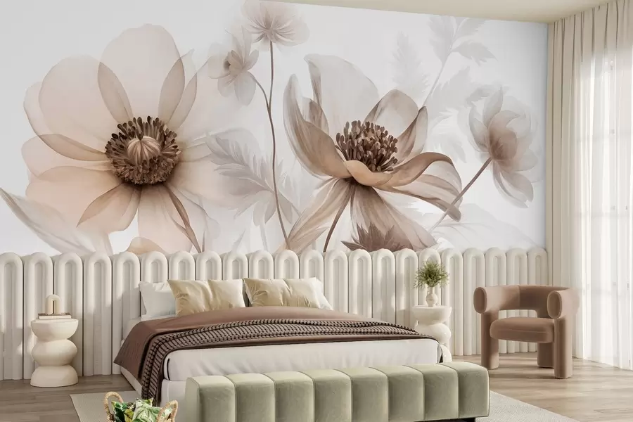 Wall Mural Photo Wallpaper Large, translucent, sepia-toned flowers delicate petals, feathery leaves and smaller blooms w09900