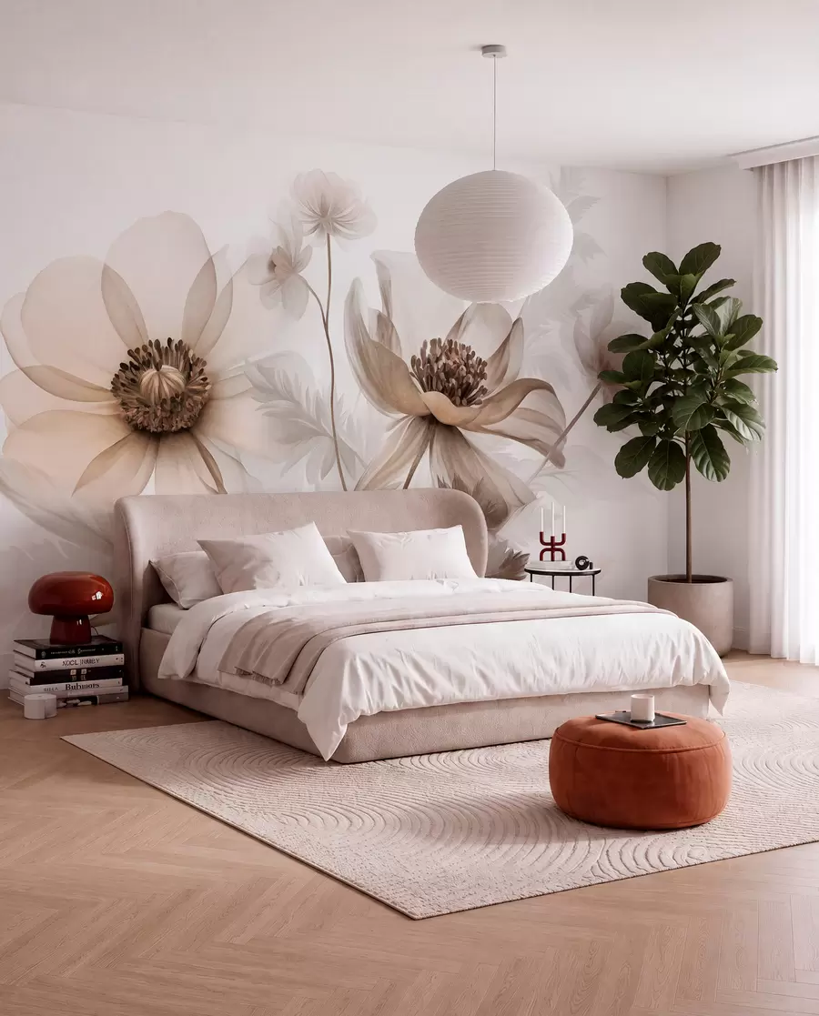Wall Mural Photo Wallpaper Large, translucent, sepia-toned flowers delicate petals, feathery leaves and smaller blooms w09900