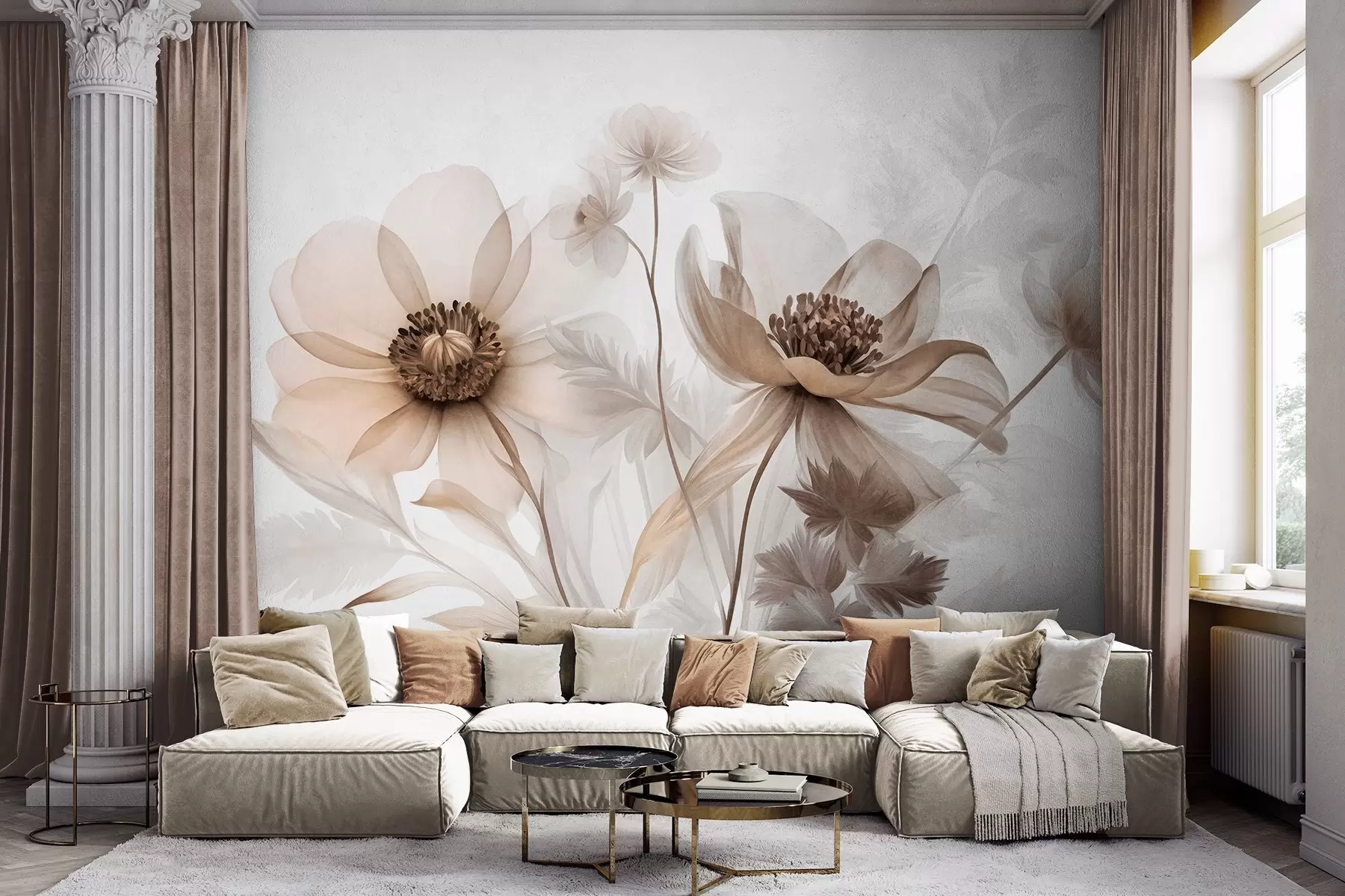 wall murals Large, translucent, sepia-toned flowers delicate petals, feathery leaves and smaller blooms w09900