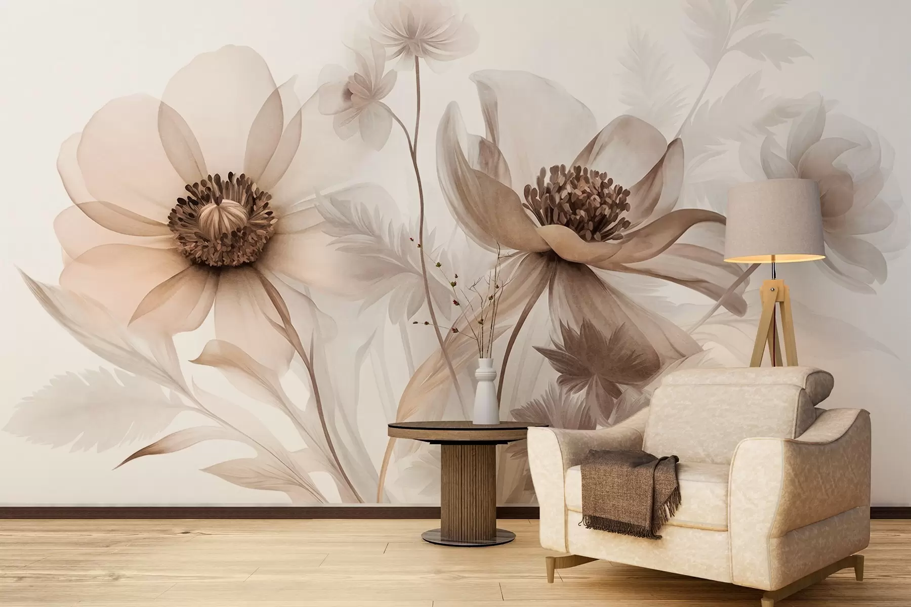 wall murals Large, translucent, sepia-toned flowers delicate petals, feathery leaves and smaller blooms w09900