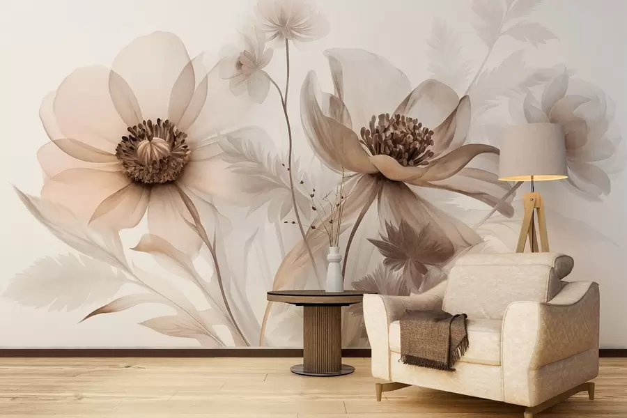 murales Flores grandes, translúcidas y de tonos sepia, con pétalos delicados, hojas plumosas y flores más pequeñas w09900