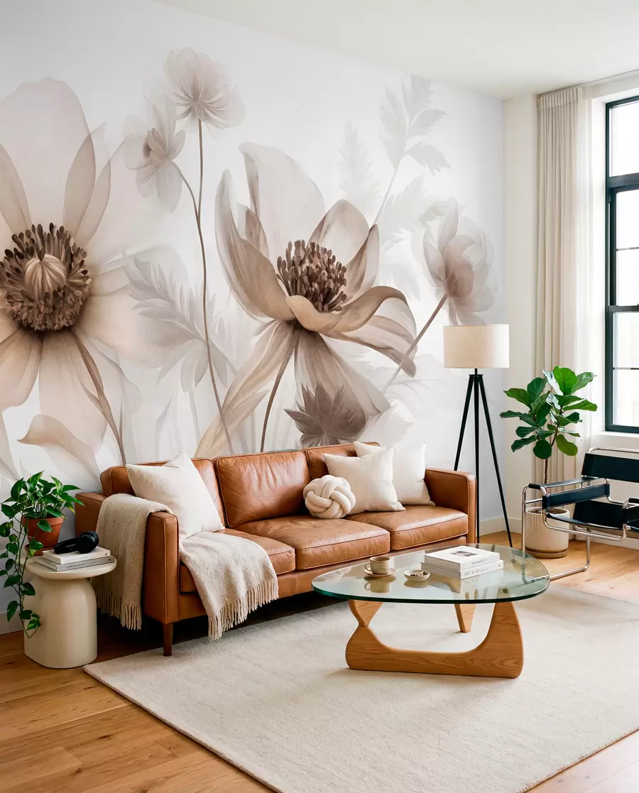 wall murals Large, translucent, sepia-toned flowers delicate petals, feathery leaves and smaller blooms w09900