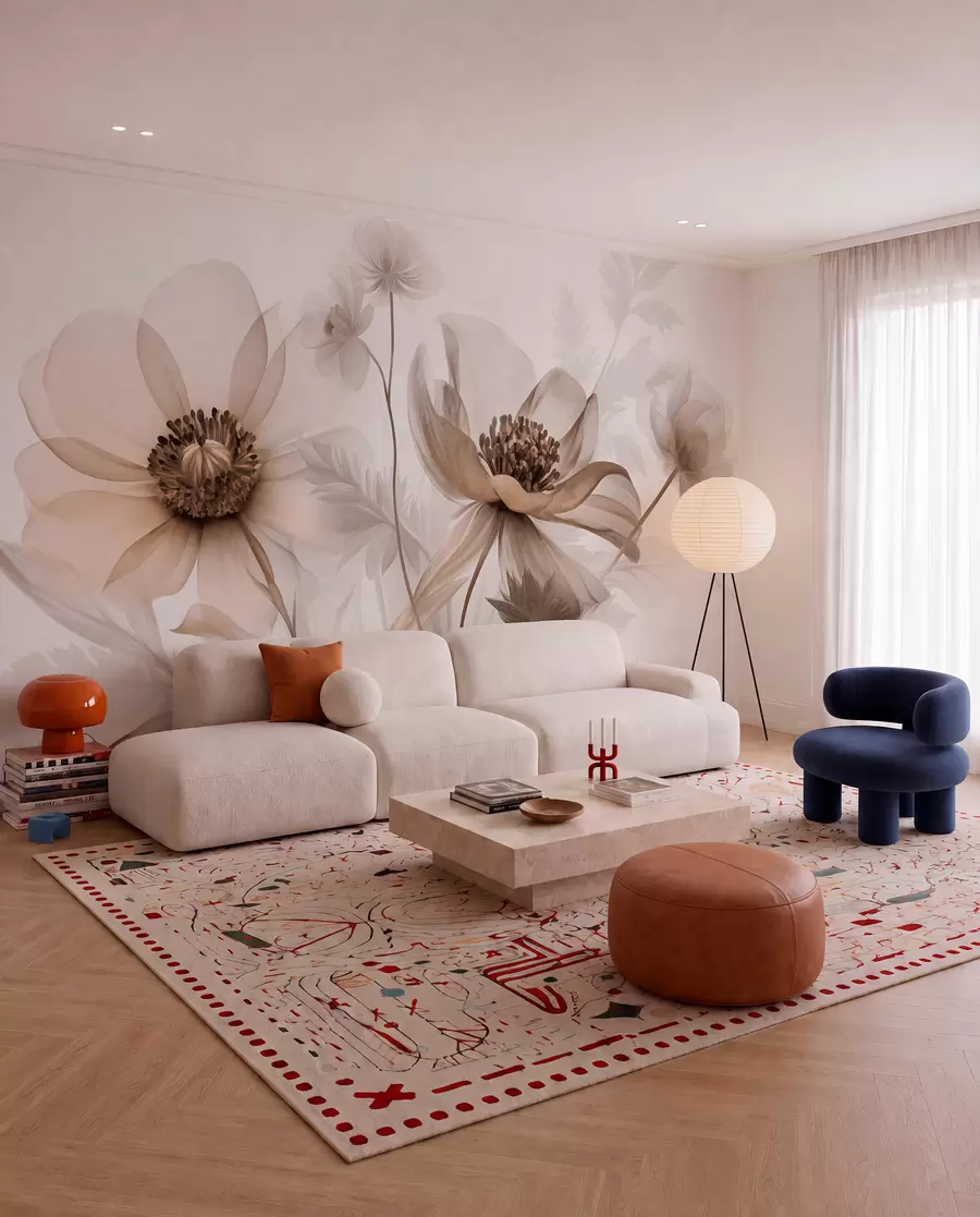 peintures murales De grandes fleurs translucides aux teintes sépia, aux pétales délicats, des feuilles plumeuses et des fleurs plus petites w09900
