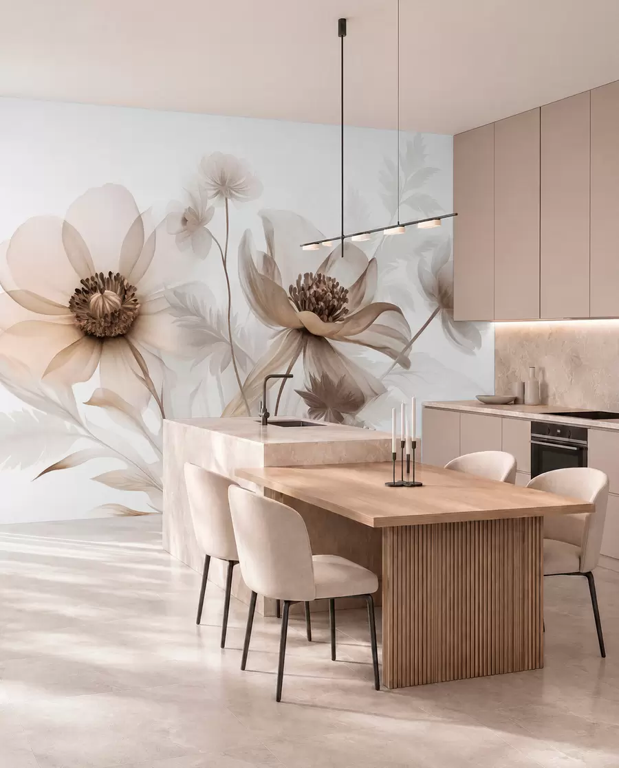 wall murals Large, translucent, sepia-toned flowers delicate petals, feathery leaves and smaller blooms w09900
