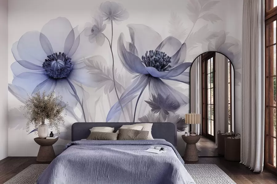 murales Flores grandes, translúcidas y de tonos azules, con pétalos delicados, hojas plumosas y flores más pequeñas w09900v1