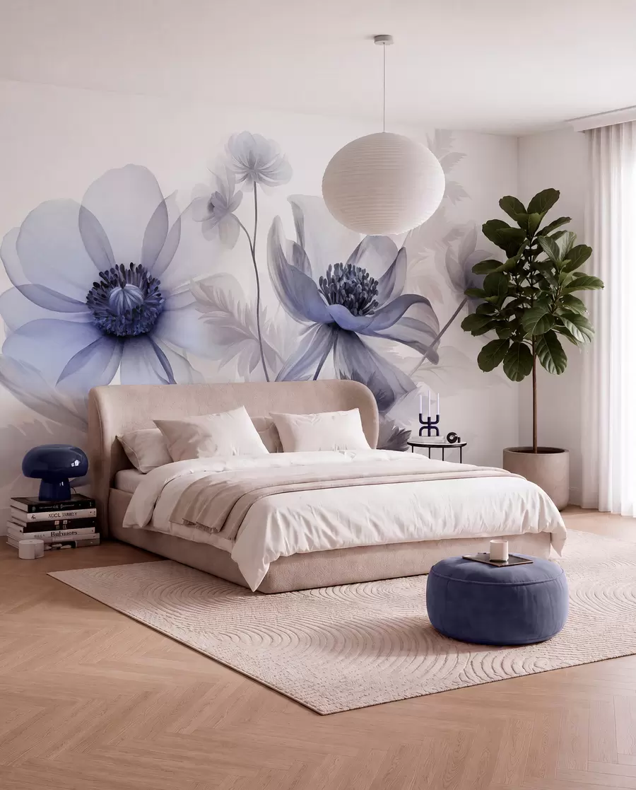 murales Flores grandes, translúcidas y de tonos azules, con pétalos delicados, hojas plumosas y flores más pequeñas w09900v1