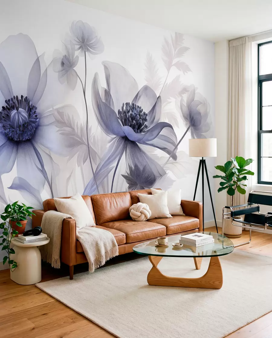 peintures murales De grandes fleurs translucides aux teintes bleutées, aux pétales délicats, des feuilles plumeuses et des fleurs plus petites w09900v1