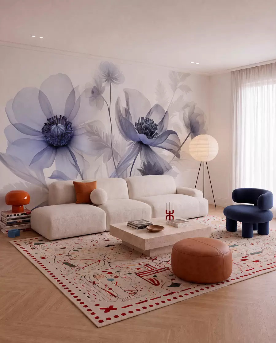 peintures murales De grandes fleurs translucides aux teintes bleutées, aux pétales délicats, des feuilles plumeuses et des fleurs plus petites w09900v1