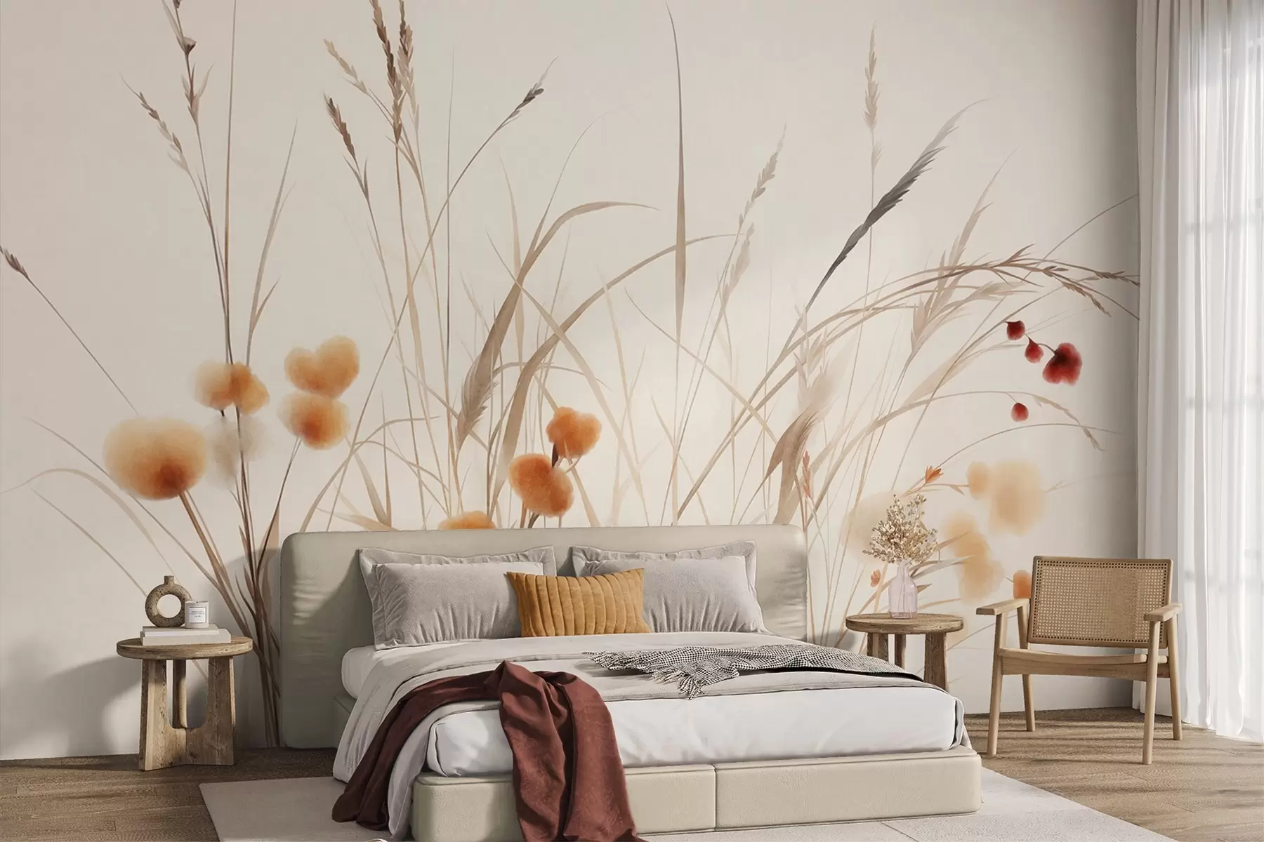 Wall Mural Photo Wallpaper Tall grasses and small orange wildflowers against a pale background, textured boho style w09902