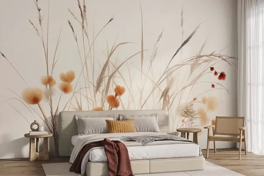 murales Hierbas altas y pequeñas flores silvestres de color naranja sobre un fondo pálido, con un estilo boho lleno de textura w09902