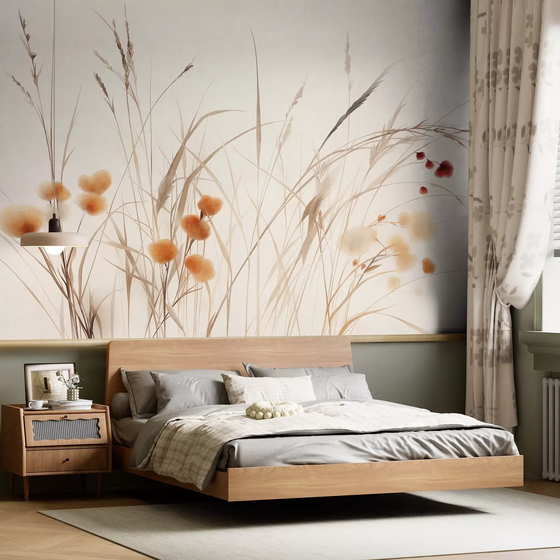 Wall Mural Photo Wallpaper Tall grasses and small orange wildflowers against a pale background, textured boho style w09902