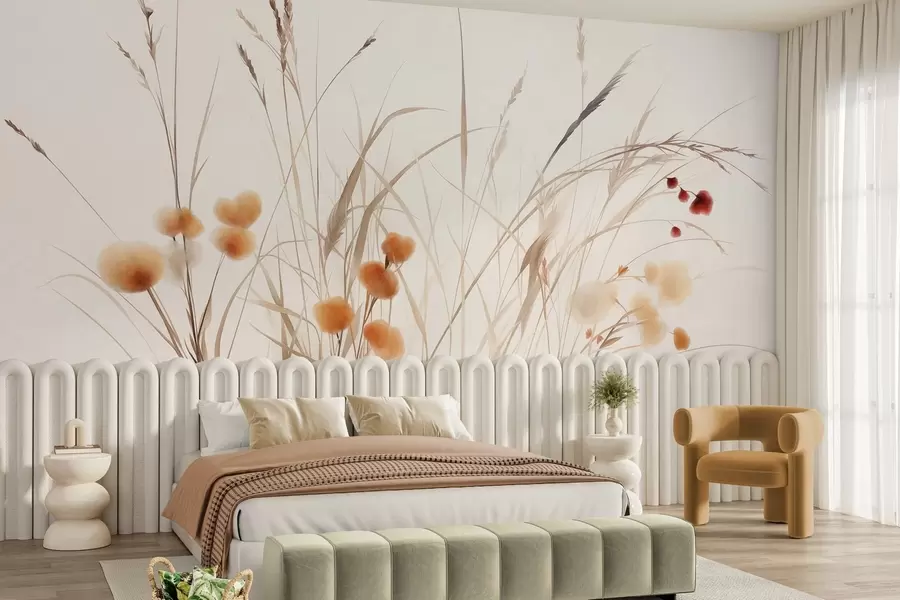 murales Hierbas altas y pequeñas flores silvestres de color naranja sobre un fondo pálido, con un estilo boho lleno de textura w09902